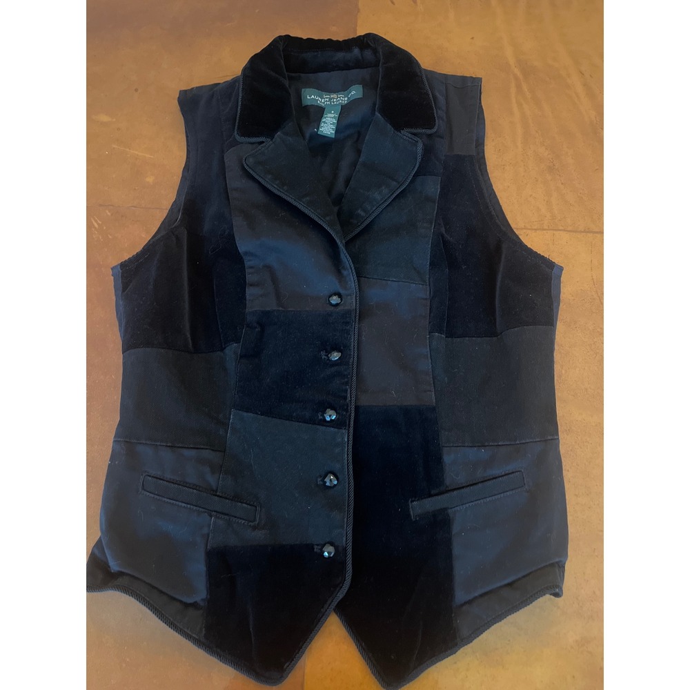 Lauren Ralph Lauren‎ Patchwork Vest Size Small Black Velvet and Cotton Canvas
